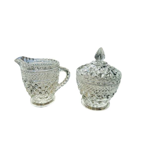 Anchor Hocking Wexford Crystal Clear Cut Glass Cream & Sugar Set Vintage - Picture 13 of 16